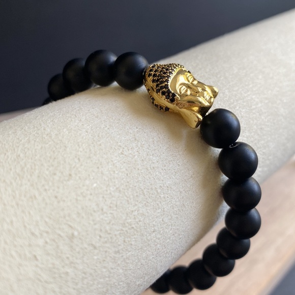 Matte Black Onyx & Gold Buddha Bead - Picture 3 of 4